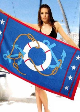 Рушник пляжний shamrock бавовняний синій з якорями. артикул: 42-0041