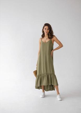 Плаття-сарафан на тонких бретельках з зеленого льону3 фото