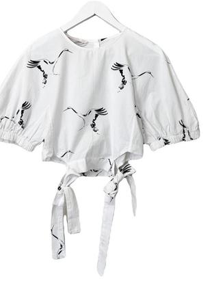 Коротка блуза топ з пишними рукавами і принтом птахів zara