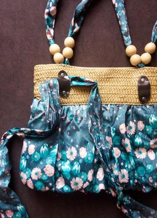 Жіноча текстильна сумка шопер у квіточку літня тканинна пляжна сумочка на літо плетена соломка бант8 фото