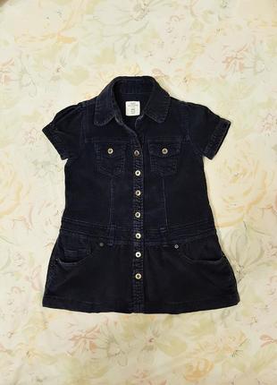 H&m бренд стильное детское платье синее вельветовое "варёнка" с коротким  рукавом на девочку 2 года