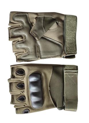 Тактичні оливкові рукавички без пальців з твердими кісточками7 фото