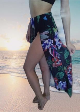 Необычная пляжная макси юбка плавки цветочный принт/прозора спідниця для пляжу в квіти1 фото