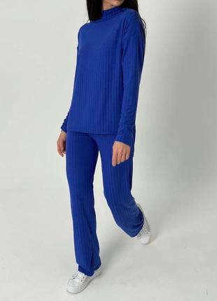 Женский костюм в рубчик штаны брюки и кофта синий электрик стильный трендовый универсальный  турция1 фото