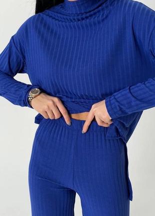 Женский костюм в рубчик штаны брюки и кофта синий электрик стильный трендовый универсальный  турция2 фото