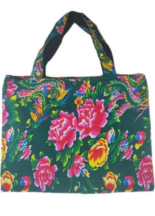 Женская сумка зеленая с цветами тканевая прямоугольная с подкладкой 46*35*8 см