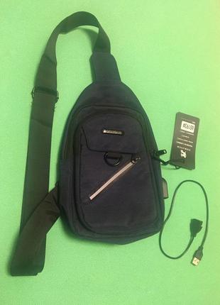 Мужская сумка тактическая через плечо синяя - размер 30*20см, 4 кармана снаружи и 1 карман внут, с usb шнуром2 фото