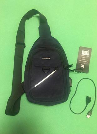 Мужская сумка тактическая через плечо синяя - размер 30*20см, 4 кармана снаружи и 1 карман внут, с usb шнуром