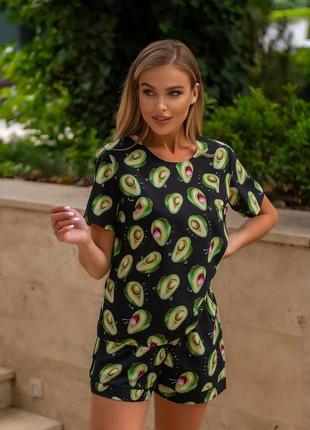 Жіноча піжама женская пижама домашний костюм с шортами футболкой авокадо чёрный зелёный4 фото