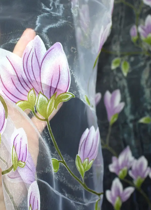 Тюль органза з квітковим малюнком магнолія5 фото