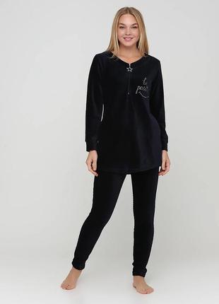 Костюм велюровий (туніка, штани) однотонний темно-синій   2236