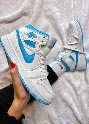 Nike air jordan 1 mid white & blue жіночі кросівки найк аїр джордан