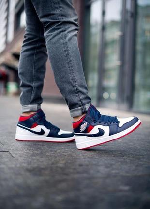 Nike air jordan 1 retro mid blue red white мужские кроссовки найк аир джордан4 фото