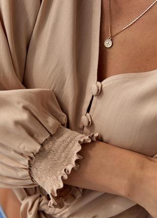 Укороченная льняная блуза с длинным рукавом. модель 509 песочный3 фото