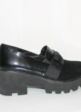 Женские черные замшевые туфли тракторная танкетка бант 36 размер