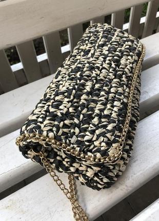 Плетена,солом'яний(паперова)сумка на золото ланцюга,етно бохо,в стилі шанель,9 фото