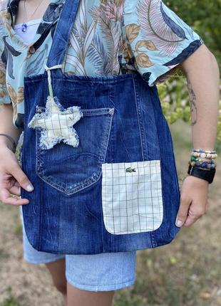 Оригинальная handmade джинсовая сумка lacoste , еко торба , сумка для покупок, шопер, сумка тоут3 фото