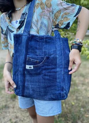 Оригінальна handmade джинсова сумка lacoste , еко-торба , сумка для покупок, шопер, сумка тоут4 фото
