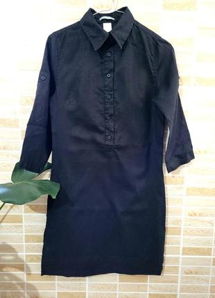 Чорна лляна сукня  рубашка з розрізами по бокам. 100%льон1 фото