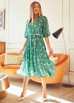 Різні кольори! ніжна шифонова сукня міді нижче колін з коротким рукавом зелене погоди на запах розкльошені вільний шифонова сукня