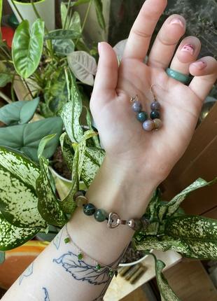 Срібні сережки і браслет з натурального каменю яшми