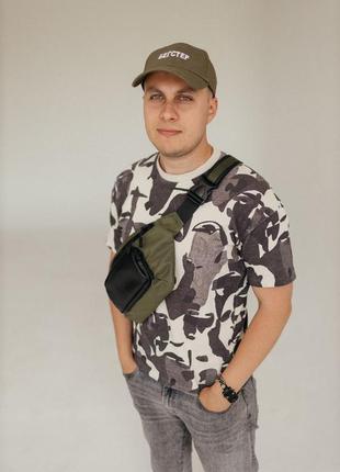 Чоловіча бананка з натуральної шкіри та cordura, шкіряна сумка через плече