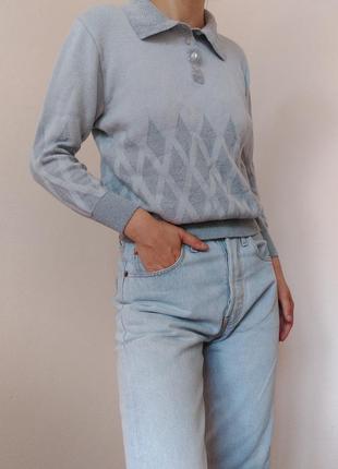 Вінтажний шерстяний джемпер поло пуловер светр з комірцем голубий джемпер реглан пуловер лонгслів шерсть пастельний светр сірий джемпер вінтаж5 фото