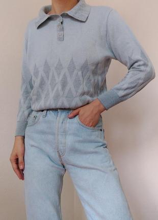 Вінтажний шерстяний джемпер поло пуловер светр з комірцем голубий джемпер реглан пуловер лонгслів шерсть пастельний светр сірий джемпер вінтаж