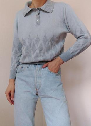 Вінтажний шерстяний джемпер поло пуловер светр з комірцем голубий джемпер реглан пуловер лонгслів шерсть пастельний светр сірий джемпер вінтаж3 фото