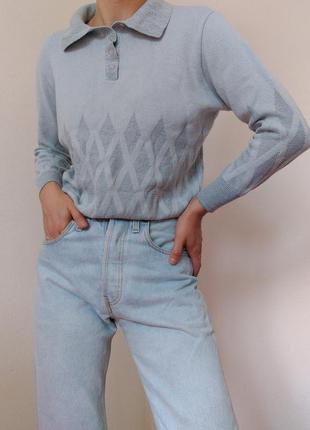 Вінтажний шерстяний джемпер поло пуловер светр з комірцем голубий джемпер реглан пуловер лонгслів шерсть пастельний светр сірий джемпер вінтаж6 фото