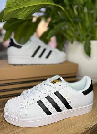 Жіночі кросівки adidas superstar white/black, білі з чорним, жіночі кросівки адідас суперстар білі з чорним, шкіряні