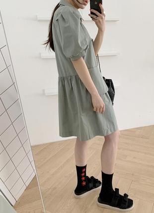 Сукня сорочка на гудзиках рукави-ліхтарики хакі з накладними кишенями6 фото