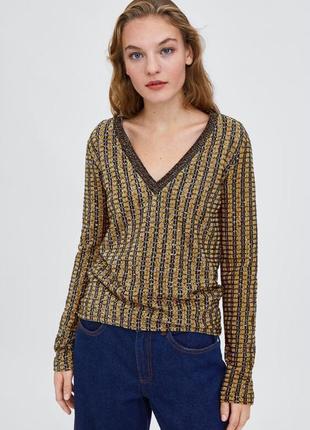 S/26 жіночий светр у смужку з v-подібним вирізом і люрексом zara trafaluc2 фото