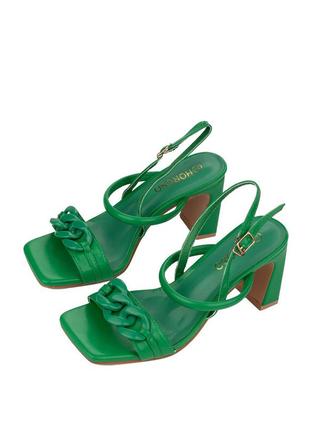 Зелёные летние босоножки на каблуке шпильке с цепью с квадратным носом