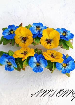 Заколка синьо жовті квіти, заколка з синьо жовтими братками3 фото
