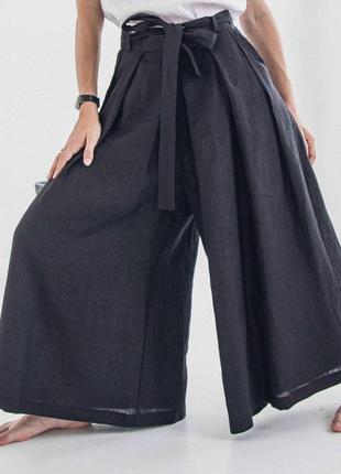 Чорні штани хакамі з кишенями з натурального льону