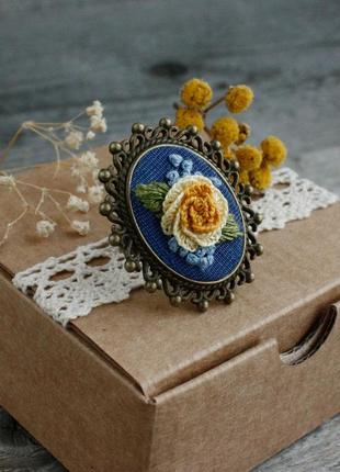 Синє жовте кільце з трояндами в стилі ретро овальний великий перстень українські прикраси4 фото