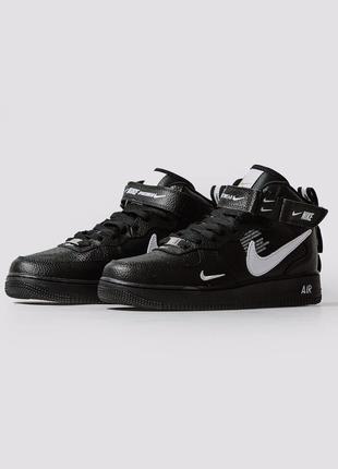 Чоловічі високі шкіряні кросівки nike air force 1 mid utility black#найк