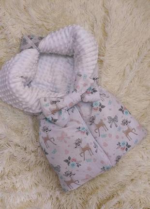 Трансформер хлопковый на плюше конверт + спальник + одеяло для новорожденных, принт оленята1 фото