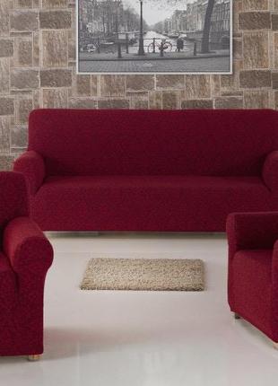 Чохол на диван і два крісла жаккард бордовий milano karna туреччина 50165