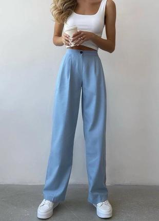 Штани штани тканина льон катон колір білий і блакитний4 фото