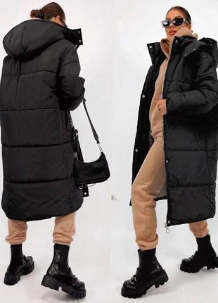 До -20!!!куртка пуховик пальто с капюшоном чёрный длинный теплый зима осень оверсайз