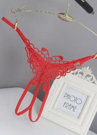 Стринги с бабочкой и разрезом красные - размер универсальный, (на резинке)