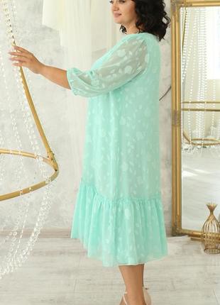 Бирюзовое яркое праздничное женское платье из принтованного шифона 54, 56, 58, 60, 623 фото