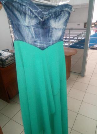 Платье-бюстье в пол зеленый шифон и джинсовый верх очень стильное dress code5 фото