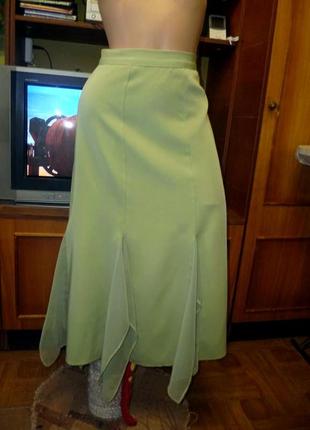 Интересная оливковая длинная юбка макси с шифоновыми вставками,весна-лето-осень