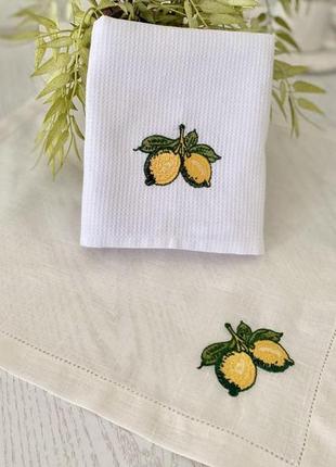 Кухонний вафельний рушник з вишивкою "лимони"6 фото