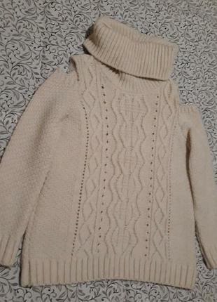 Теплий в'язаний светр туніка крупна в'язка високий ворот відкриті плечі