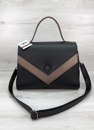 Чорна жіноча сумка портфель з ручкою і ремінцем через плече модна сумочка ділова1 фото