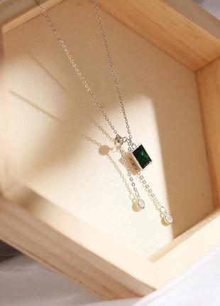 Ланцюжок короткий зі смарагдовим великим каменем, підвіска-чокер, срібне покриття 925 проби, довжина 36+5 см